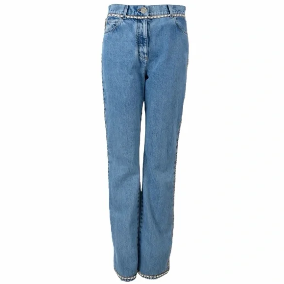 CHANEL 23N COCO NEIGE BLUE STRAIGHT JEANS WITH WHITE LEATHER CHAIN TRIMS SIZE 36 - Picture 14 of 16